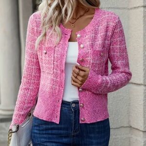 Pink Tweed Button-Up Women's Sweater